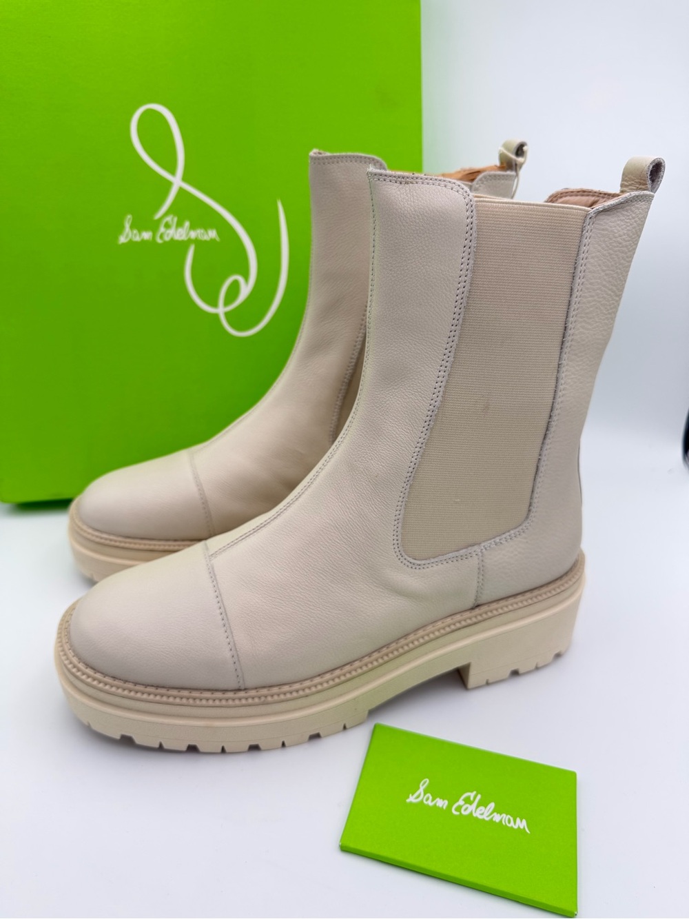 NEW Sam Edelman Wellington Ivory Leather Lug Sole Chelsea Boots Size 9.5M